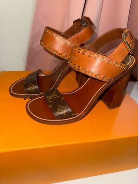 Designer Brown Leather Block Heel Sandals with Rivet Detail
